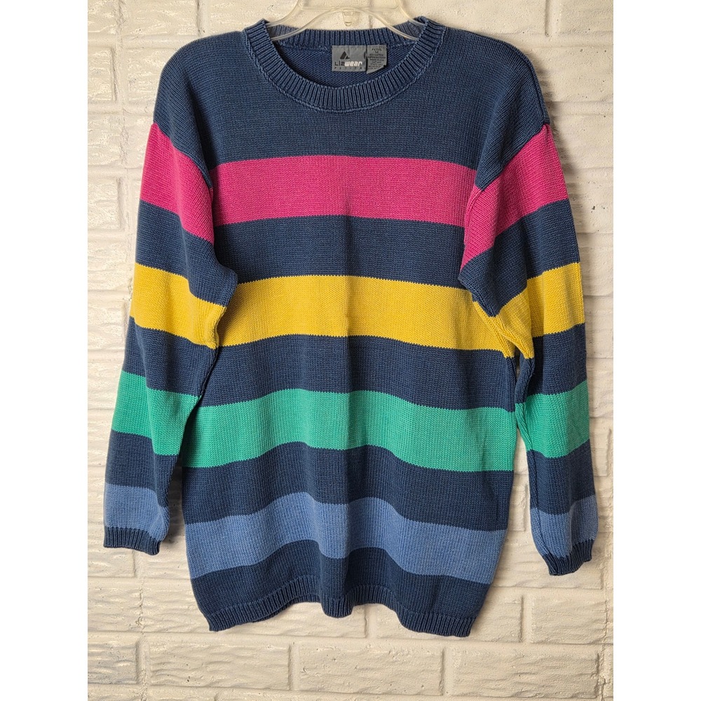 Vintage Liz Wear Petite sweater Color Stripes Cotton Size Medium 90's Claiborne